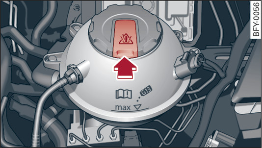 Илл. 325 Моторный отсек: кнопка деблокировки расширительного бачка охлаждающей жидкости